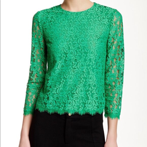 Diane Von Furstenberg Brielle Top Kelly Green Lace Blouse Christmas Size 8 - Picture 3 of 9